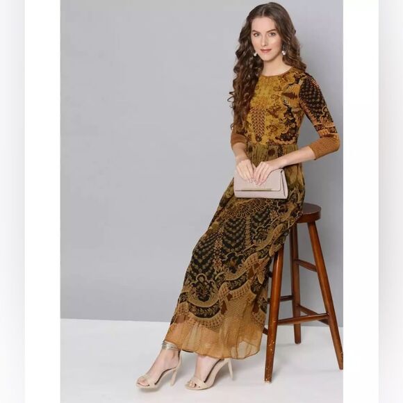 Label Ritu Kumar Gold Full Sleeves Long Fairy Dress M - Picture 2 of 12